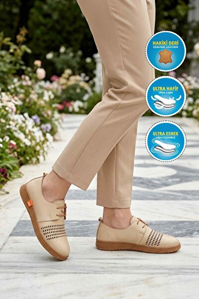 AYAKMOD Beige Genuine Leather Lightweight Flexible Women's Casual Shoes 2087 Z