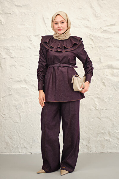 LOCCO Γυναικείο κοστούμι τζιν με γιακά και κορδόνι στους μανίκια, με ζώνη που...