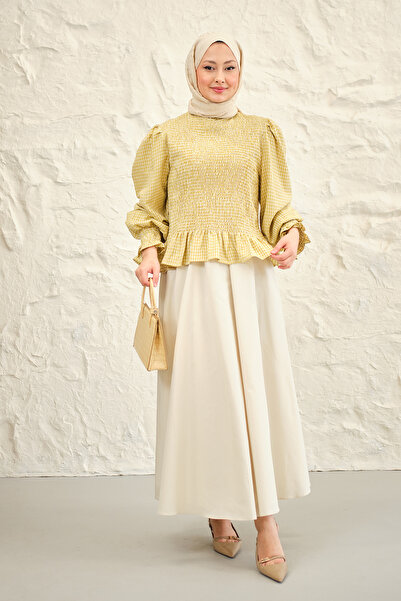 LOCCO Γυναικείο καρό σετ φούστας με κορδόνι στο περίγραμμα, κίτρινο