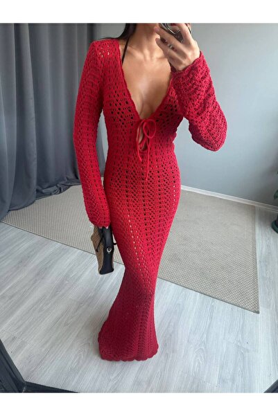 ÇEÇİM Γυναικείο Διάτρητο Πλεκτό Μακρύ Φόρεμα