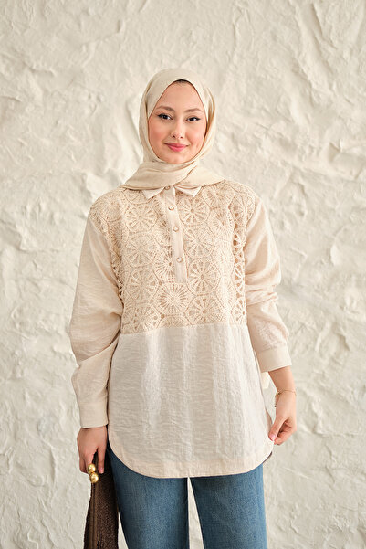 LOCCO Γυναικείο πουκάμισο με δαντέλα και κέντημα στο μπροστινό μέρος, με μισά...