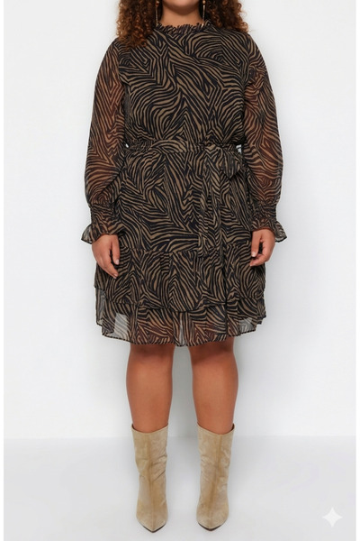 My ELİF Tekstil Animal Patterned Mini Lined Chiffon Woven Dress