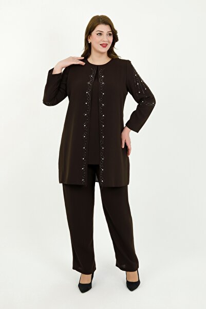 By Alba Collection Γυναικείο Καφέ Πέτρινο Κεντημένο Κομψό Σετ Βραδινού Φορέμα...