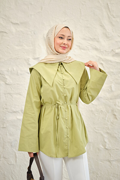 LOCCO Γυναικείο πουκάμισο με γιακά Sailor και δέσιμο στη μέση, σε πράσινο χρώ...