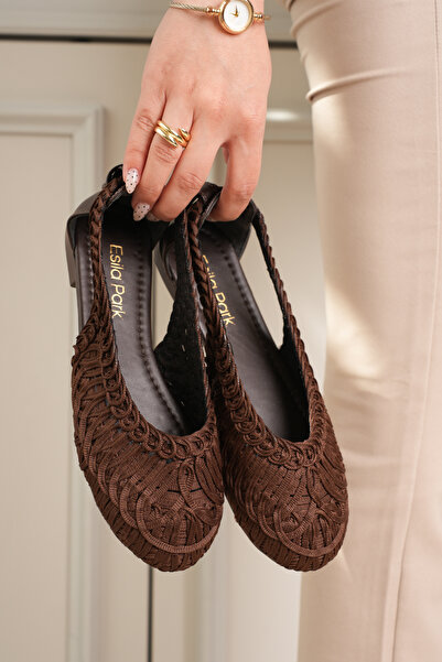 Esilapark Καφέ Γυναικεία Σανδάλια Μπαλαρίνες Πλεκτά Παπούτσια με Επίπεδο Τακούνι