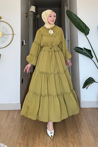 Tesettür Diyarı Φόρεμα Χιτζάμπ από ύφασμα Parlin Tulle Modal με ζώνη - Πράσιν...