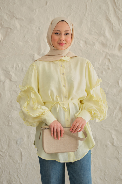 LOCCO Γυναικείο πουκάμισο με βολάν στα μανίκια και δέσιμο στη μέση, κίτρινο