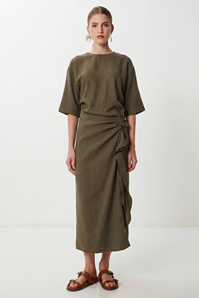 Lovelyİstanbul Ντραπέ Μίντι Φόρεμα Μοντάλ LNT0033 ΧΑΚΙ