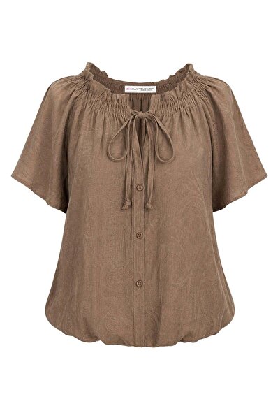 Mixray 4905 Γυναικεία μπλούζα με κορδόνι στο λαιμό και λεπτομέρεια δεσίματος,...