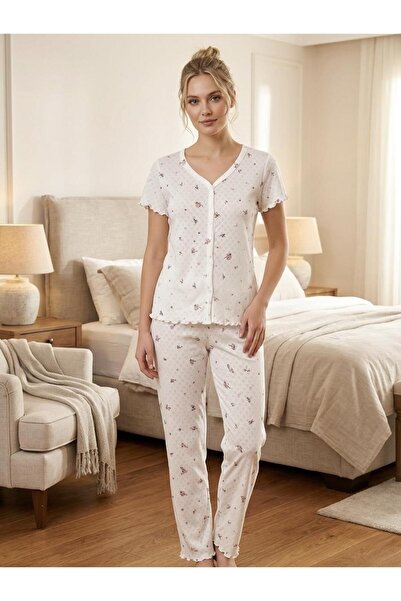seamlife 1951 Floral 100% Cotton Perforated Fabric Button-Down Pajama Set