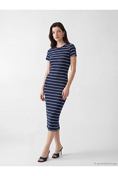 LC Waikiki Navy Blue Crew Neck Striped Dress