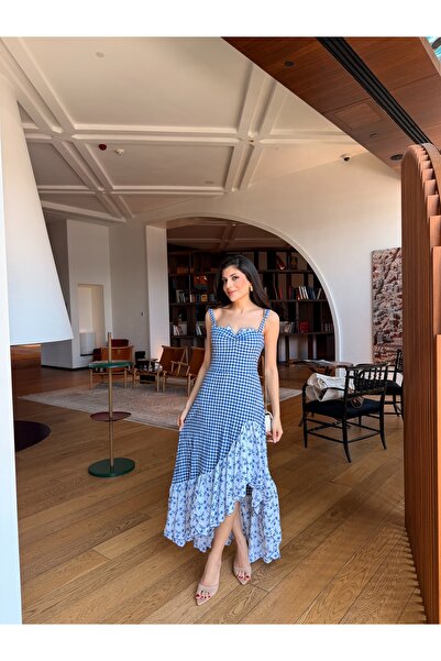 LOISY Γυναικείο ασύμμετρο φόρεμα με λεπτομέρειες σε μπλε χρώμα