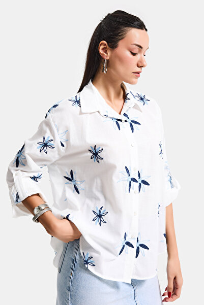 it's basic Γυναικείο Λευκό Μπλε s6-103 Υπερμεγέθες Κεντημένο Πουκάμισο