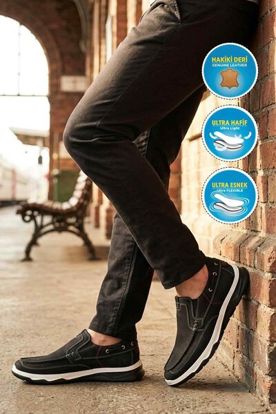 AYAKMOD Black Genuine Leather Men's Flexible Lightweight Loafer Casual Shoes ...