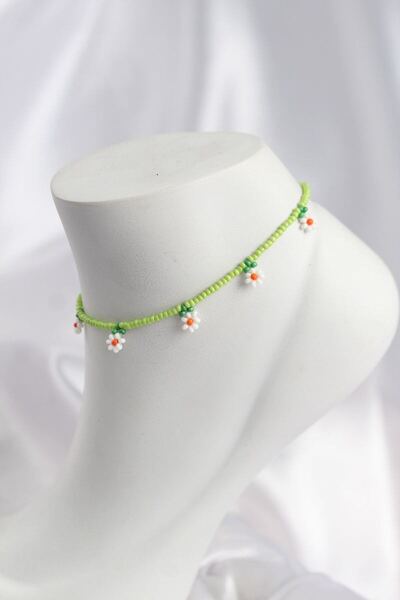 naque Green Color Beaded Daisy Motif Anklet - Tj-Hh1661