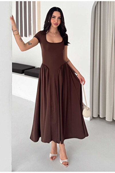 Budan Export Γυναικείο φόρεμα μάξι με τετράγωνο γιακά, κοντό μανίκι και φαρδι...