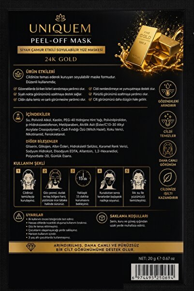Uniquem 24K Gold Peeling Maske Siyah Çamur Etkili Soyulabilir Yüz Maskesi