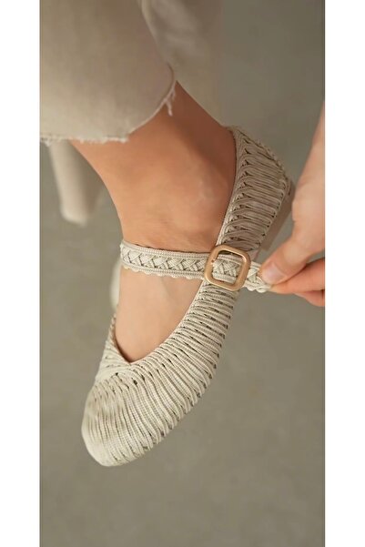 Plaid Knit Detail Buckle Women's Flats- BEIGE