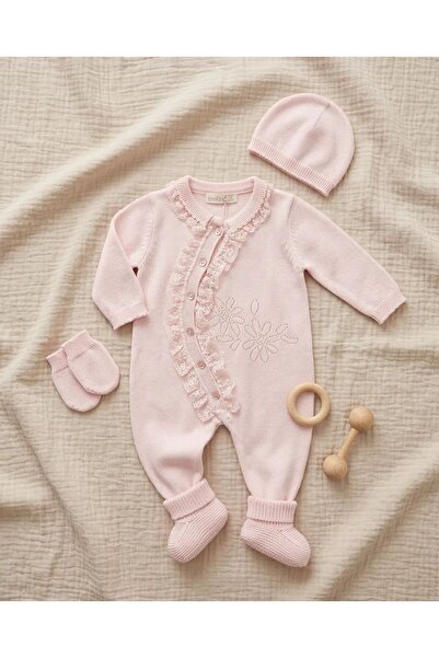 Mummys Love Kız Çocuk Pembe Triko Tulum&Şapka - %100 Doğal Pamuk Yıkanmış Kumaş