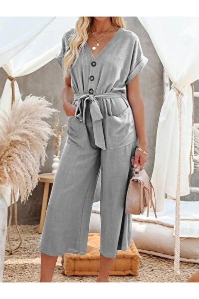 Kokosh moda Yeni Sezon Kadın V Yaka Kuşaklı Düğmeli Cepli Şık Tulum