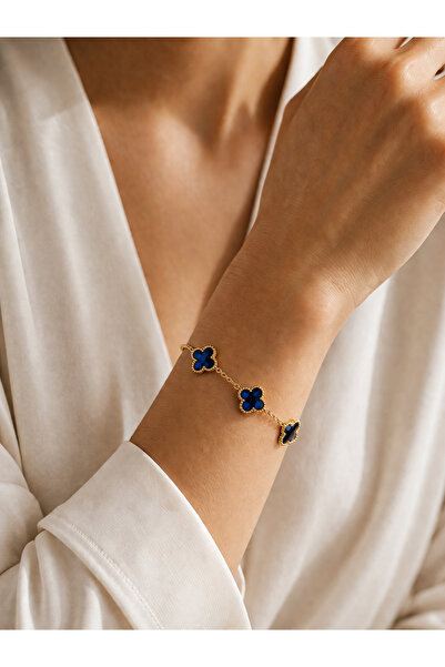 Nutly Accessories Kadın Yonca Bileklik Lacivert Taşlı Gold Çelik Bileklik Zar...