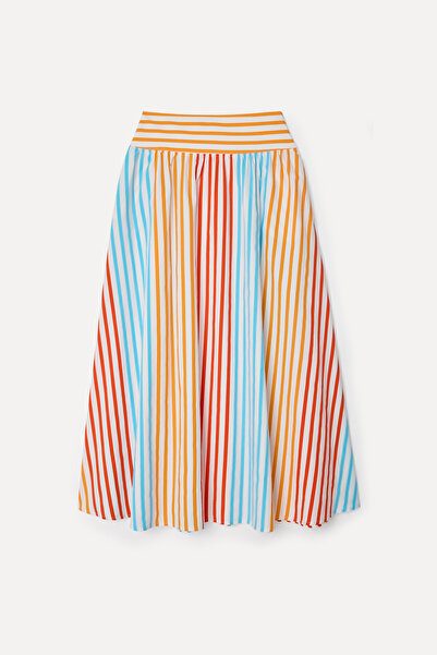 Mudo Women's White Striped Flared Midi Skirt