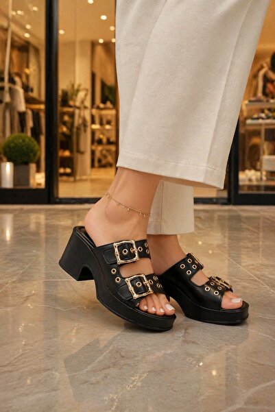 Peta Γυναικείες χρυσές λεπτομερείς παντόφλες με διπλή πόρπη, vintage, με χοντ...