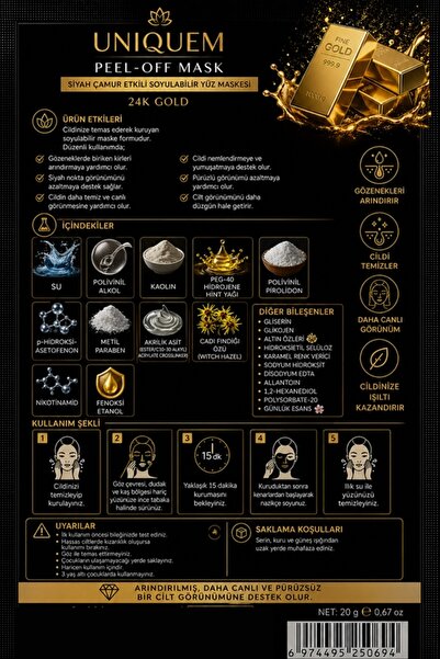 Uniquem 24K Gold Peeling Maske Siyah Çamur Etkili Soyulabilir Yüz Maskesi