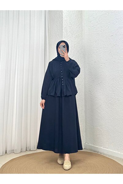 MİHRA STORE Σετ Φούστας με Ριμπ Λεπτομέρειες και Πιέτες Tomurcuk-ZN7831 Ναυτι...