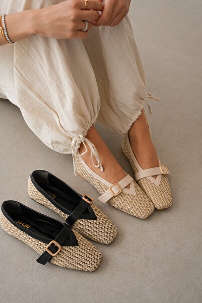 selin shoes Virea Ψάθινα πλεκτά γυναικεία μπαλαρίνες με ρυθμιζόμενη χρυσή αγκ...