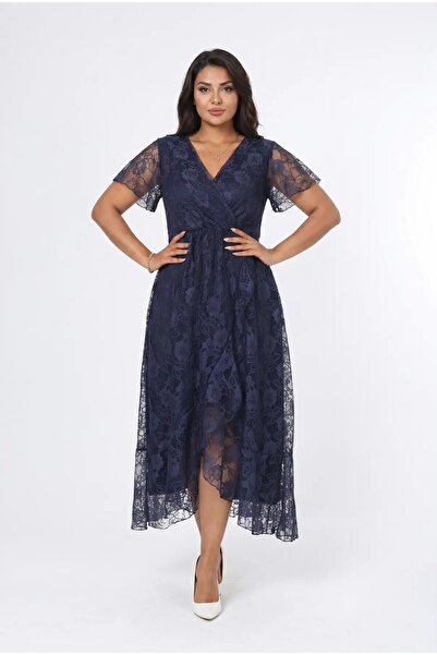 hazelin Γυναικείο μπλε ναυτικό φόρεμα μεγάλου μεγέθους με λαιμόκοψη V και δαν...