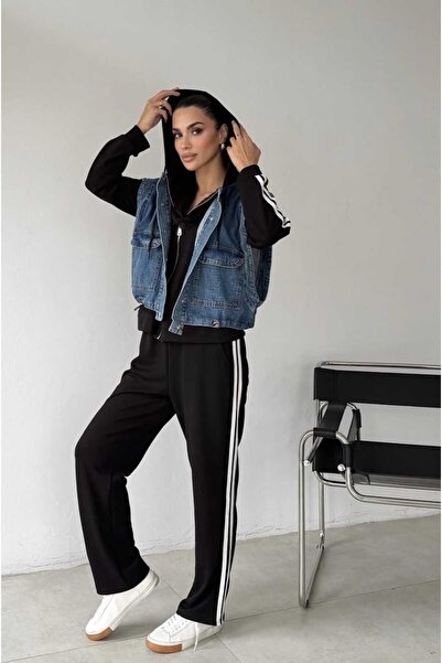 QİMYA BUTİK NOX Γυναικείο τζιν γιλέκο με ραμμένη κουκούλα και ρίγες, μοντάλ μ...