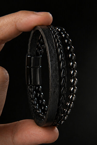 İyyaKee Men's Black Leather and Natural Stone Detailed Multi-Layered Bracelet with Steel Clip Modern Stylish Design
