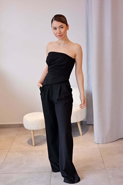 Elzem Boutique Siyah Straplez Pantolon Takım