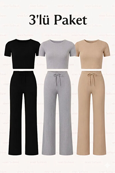 Siner Fashion Σετ 3 τεμαχίων γυναικείο φαρδύ παντελόνι με φαρδύ παντελόνι