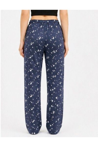 OTD STORE Kadın Lacivert / Beyaz Ay Yıldızlı Pijama Altı Lastikli Rahat Kalıp Ev & Günlük Pantolon