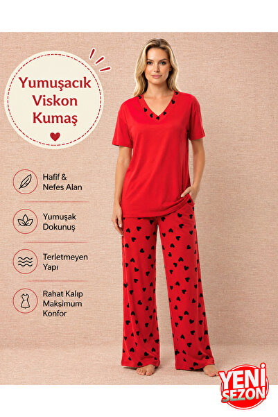 Jenny Daphne Γυναικείο Σετ Πιτζάμες από Βισκόζη με Σχέδιο Καρδιάς, Κοντό Μανί...