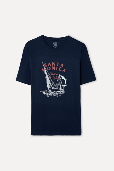 Mudo Men's Navy Blue Printed Oversize Crew Neck T-Shirt