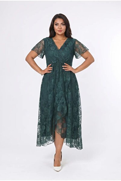 hazelin Γυναικείο πράσινο φόρεμα μεγάλου μεγέθους με λαιμόκοψη V και δαντέλα ...