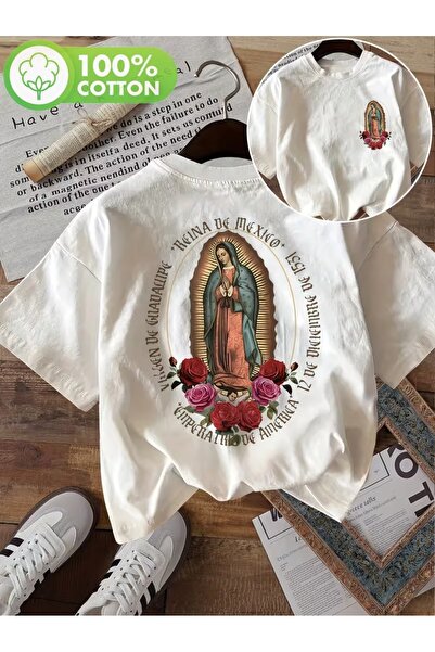 AEMİ Unisex μπλουζάκι μεγάλου μεγέθους με στάμπα Reino De Mexico Virgin Mary
