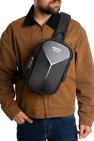 NEWISH POLO ACCESSORIES Black Unisex Biker Cross Shoulder and Waist Bag Hard Shell Design with Reversible Strap and Night Vision Features