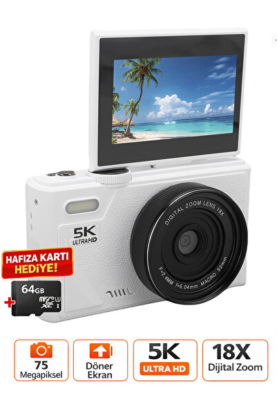 Gameyal 75MP Dijital Kamera 5K Ultra HD Video | 18X Zoom, Flip Ekran, WiFi, K...