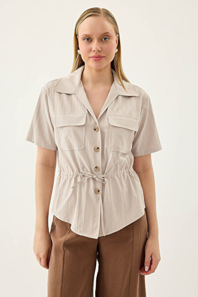 Vitrin Short Sleeve Blouse with Cap Pocket and Gathered Front