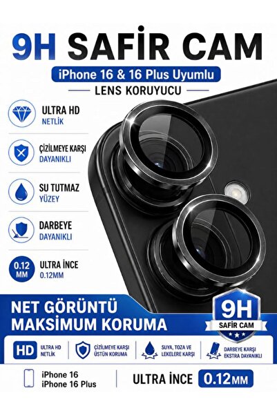 SONREİR iPhone 16 / 16 Plus Black Metal Camera Lens Protector Sapphire Glass ...