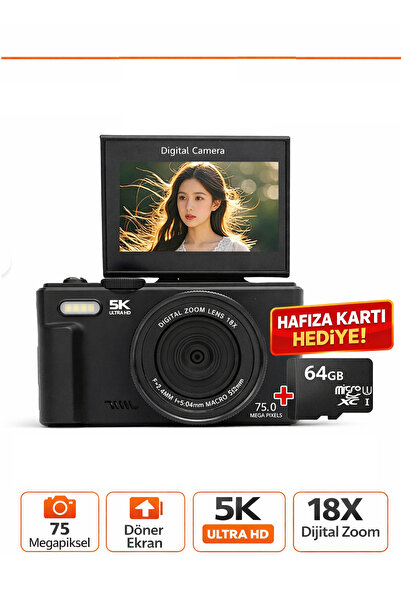 Gameyal 75MP Dijital Kamera 5K Ultra HD Video | 18X Zoom, Flip Ekran, WiFi, K...