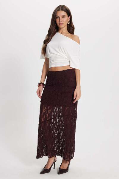 Tudors Γυναικεία φούστα σε στενή γραμμή, ελαστική, ψηλόμεση, με δαντέλα, μπορντό