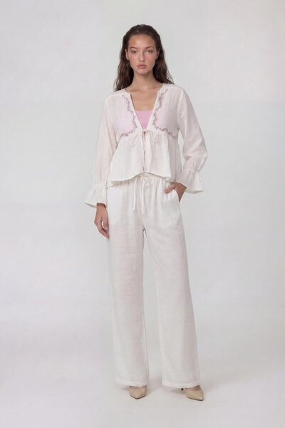 VAGGON Embroidery Detailed Long Sleeve Tie-Up Blouse and Elastic Muslim Pants...