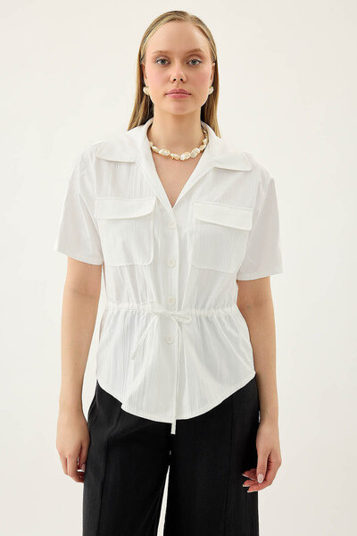 Vitrin Short Sleeve Blouse with Cap Pocket and Gathered Front