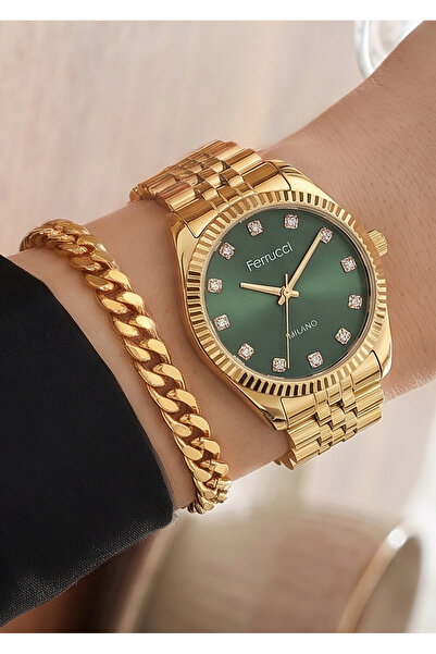 Ferrucci Milano Women's Gold Metal Cord Stone Green Dial Wristwatch 2 Years W...