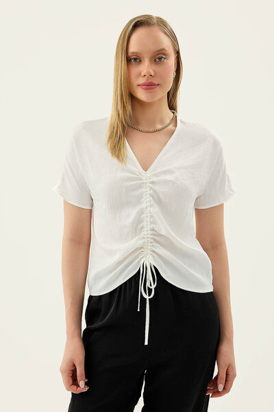 Vitrin Short Sleeve Satin Blouse with Gathered Front
